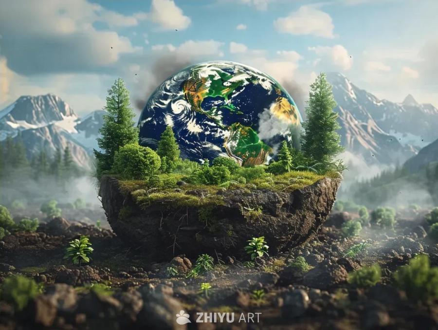 地球悬浮在一块土块之上，土块表面覆盖着苔藓和绿植，