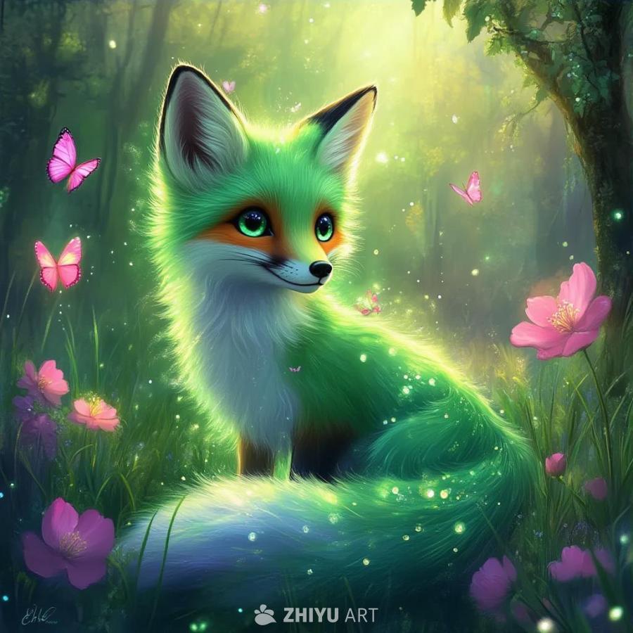 一只绿色的幻想狐狸位于一个空灵的森林中，周围环绕着