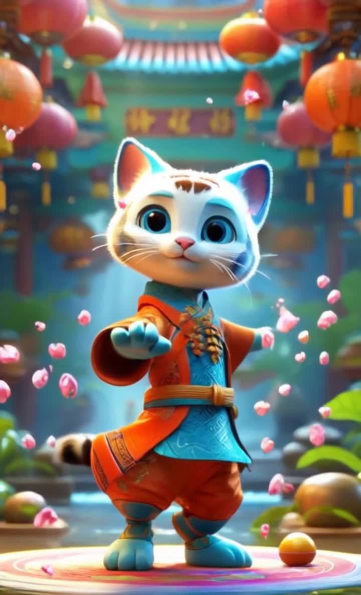 寺庙猫咪：太极水花与粉色花瓣