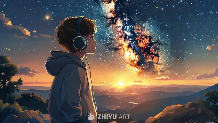 一个男孩戴着耳机和帽衫，抬头看着天空。背景是连绵起