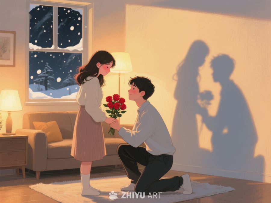 室内求婚场景，男子跪地献花 677