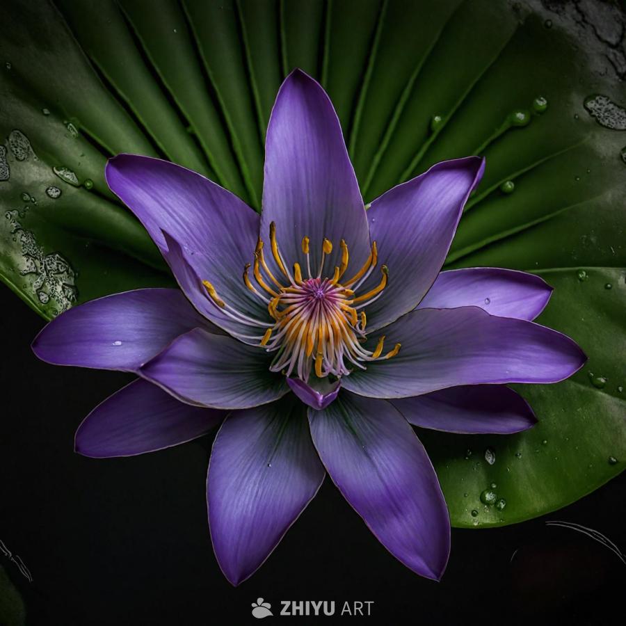 一朵紫色的花，可能是一种百合，位于一片大的绿色叶子