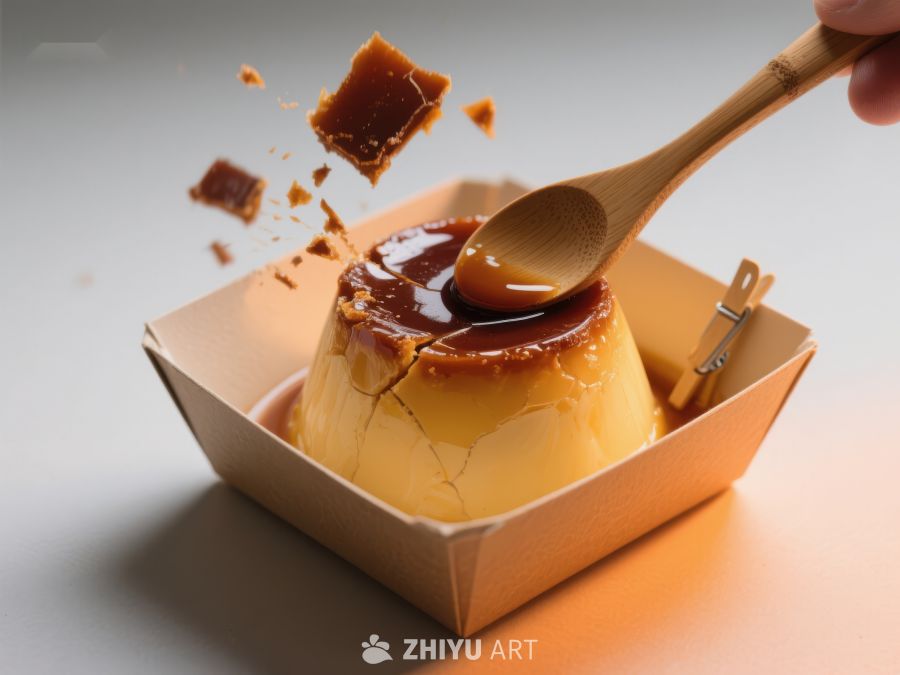 勺子轻舀焦糖布丁，甜蜜瞬间