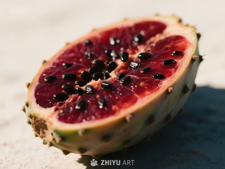 切开的火龙果，展示鲜艳红色果肉和黑色种子 412