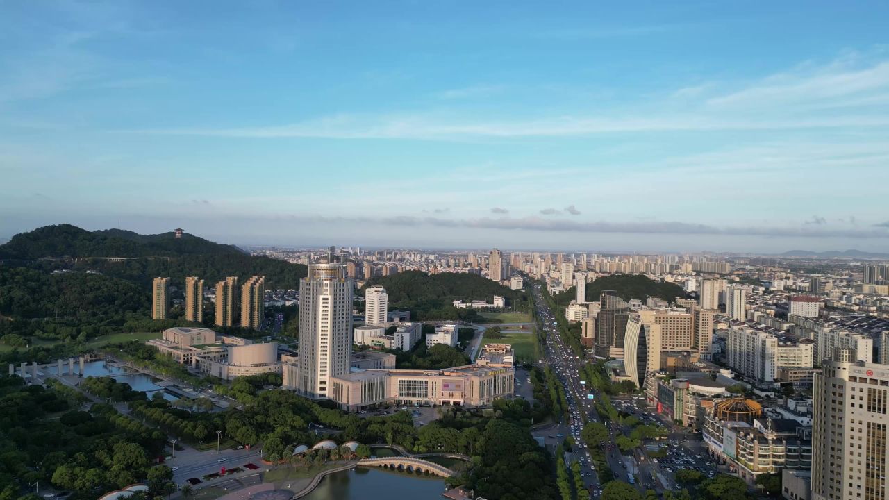  航拍台州市民广场水景公园