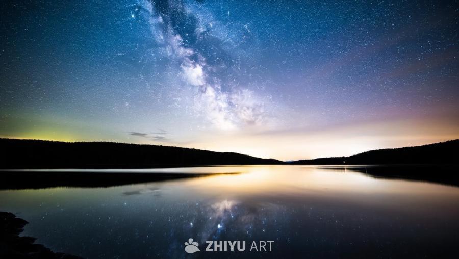 平静的水面上倒映着宇宙。天空中布满了繁星，包括清晰