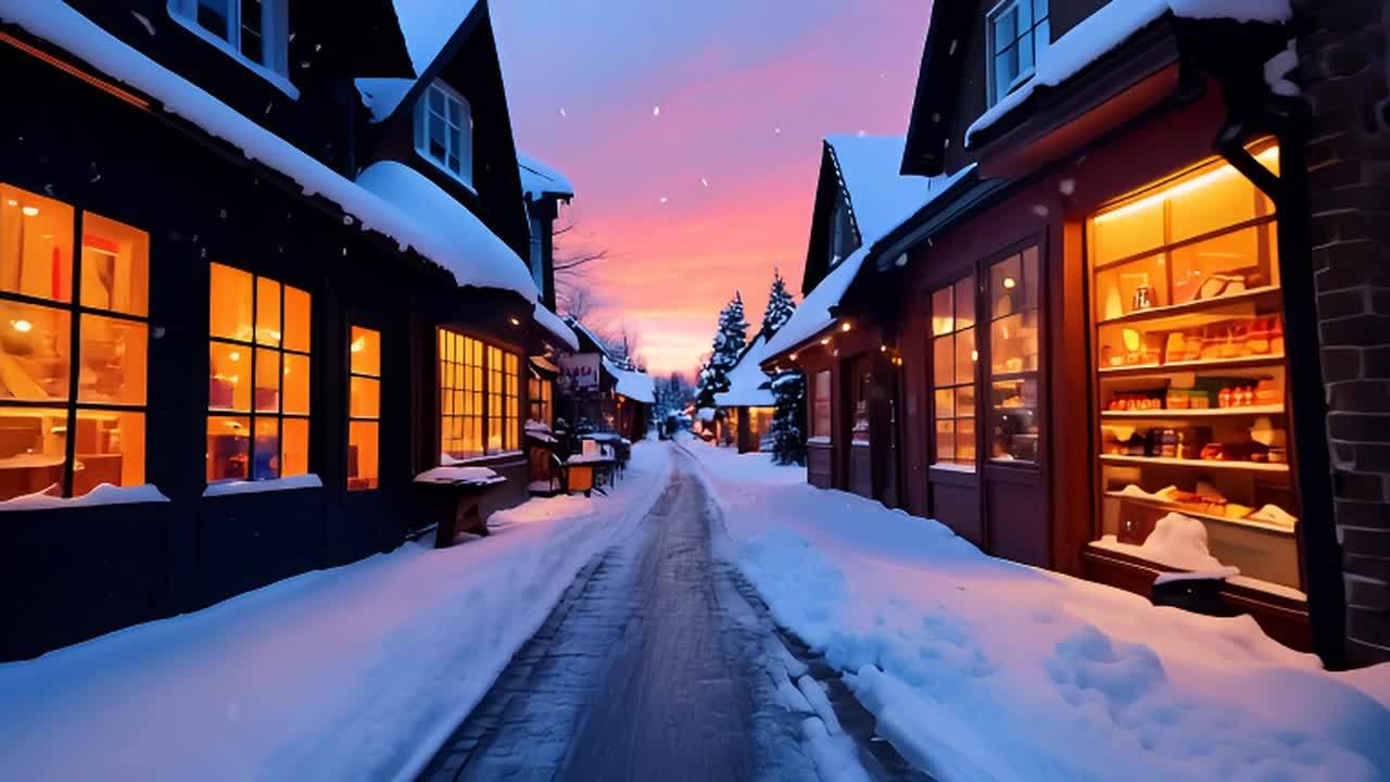 傍晚时分，一条覆盖着积雪的村庄街道，街道两旁是窗户