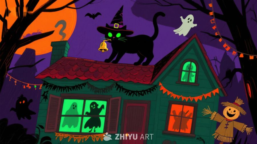万圣节夜景：黑猫屋顶与幽灵小屋