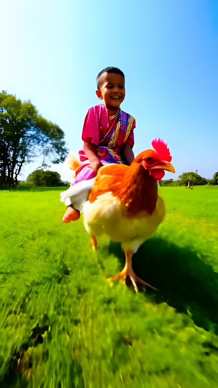 一个穿着彩色传统服装的幼童坐在奔跑的鸡背上，背景是