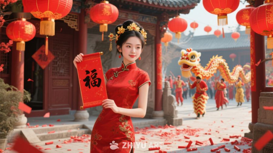 女子手持福字，背景舞龙庆祝春节 721