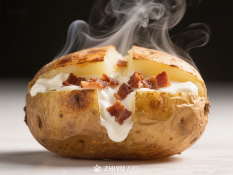 热腾腾的烤土豆配奶油和培根