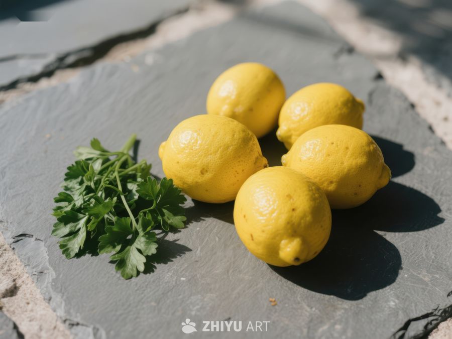 新鲜柠檬与香菜置于石板上 571