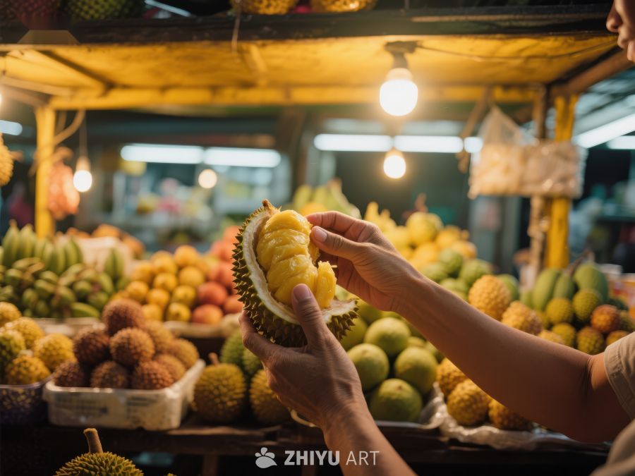 夜市摊位前挑选榴莲的场景 742