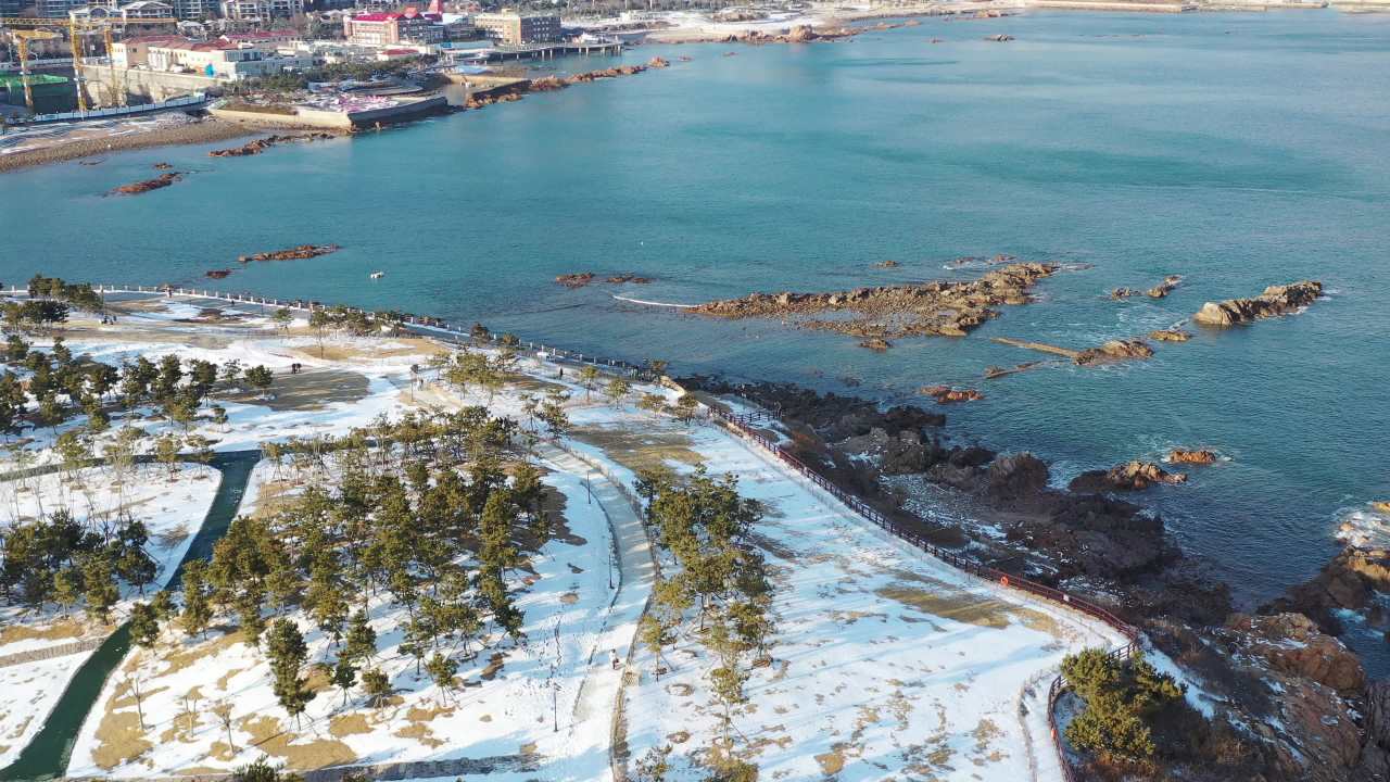 青岛小麦岛海边雪景航拍 2