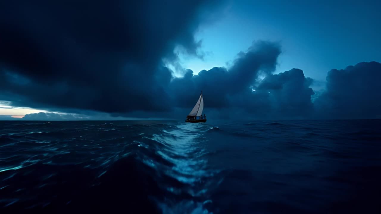 深蓝色的海面上，一艘帆船在波浪中行驶。船只前方海面