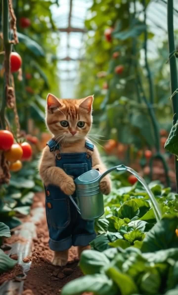 菜地里浇水的牛仔猫咪园丁