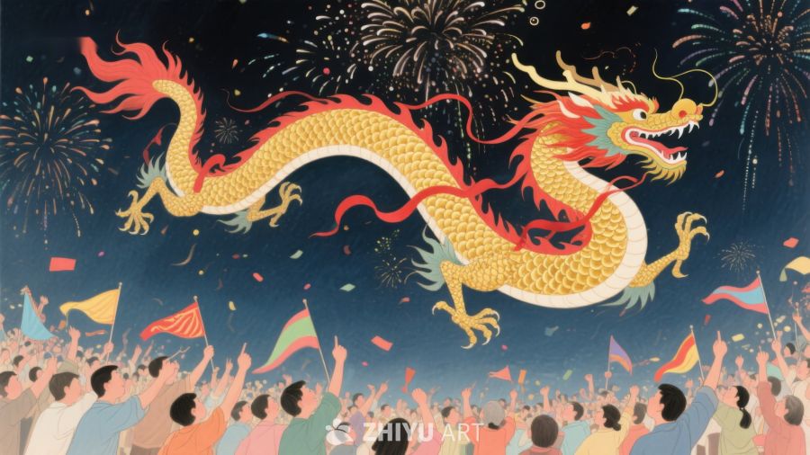 龙舞夜空，烟花绽放庆祝节日 652