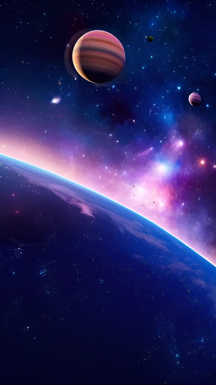 深蓝色的背景中，可见星球、星云和星星。一个带有条纹