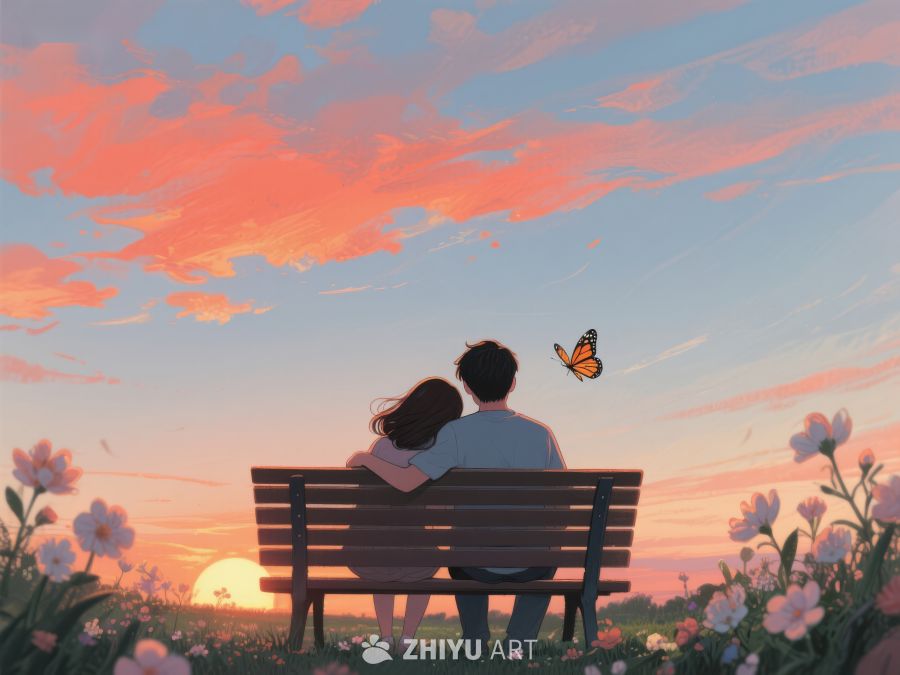 夕阳下，长椅上的温馨时光 849