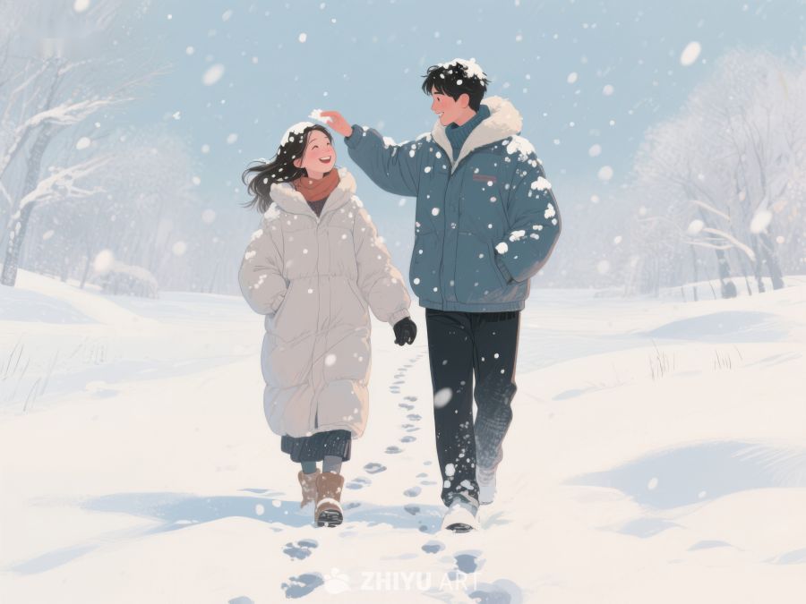冬日雪景中漫步的两人 102