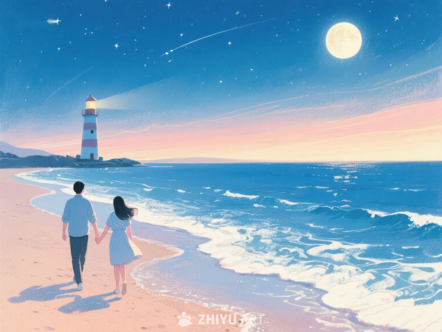 月下海滩漫步，灯塔相伴 1106