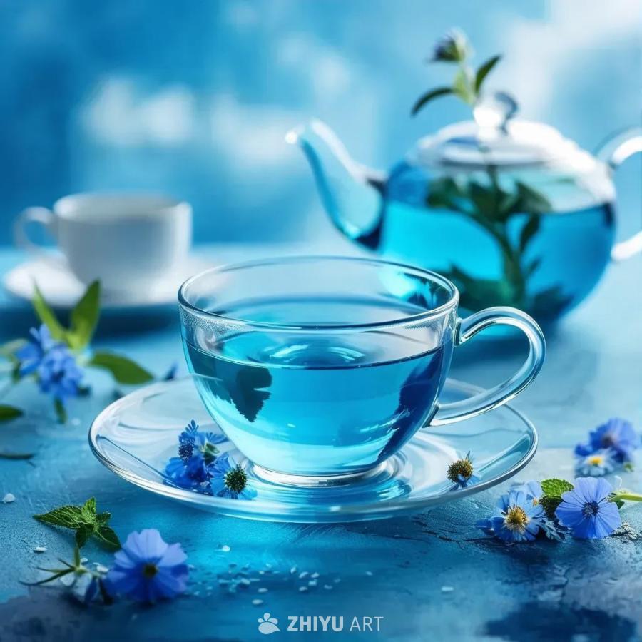 桌面上放置着一个透明的茶杯，茶杯里盛满了天蓝色的液