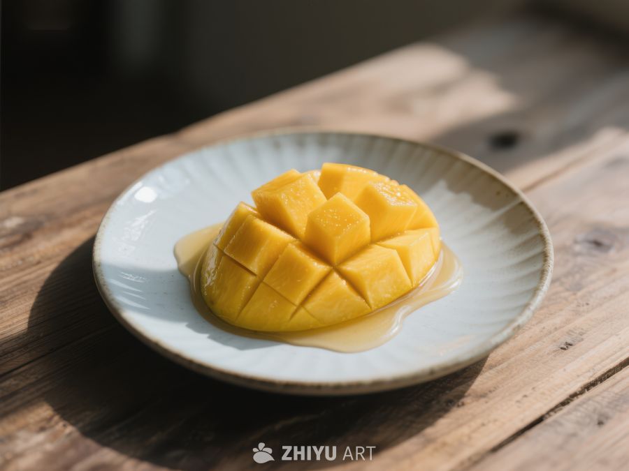 新鲜芒果切块置于盘中 726
