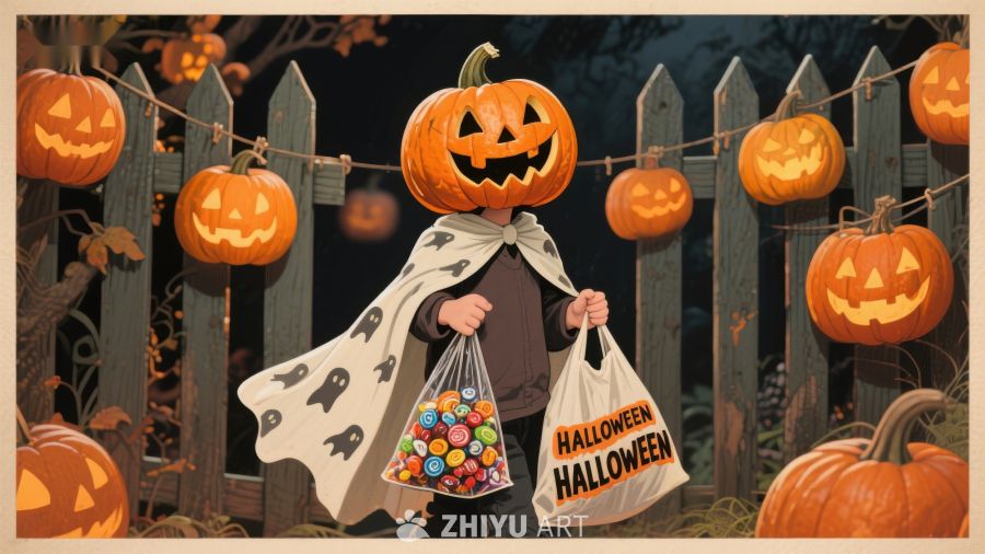 万圣节夜，孩子提着糖果袋