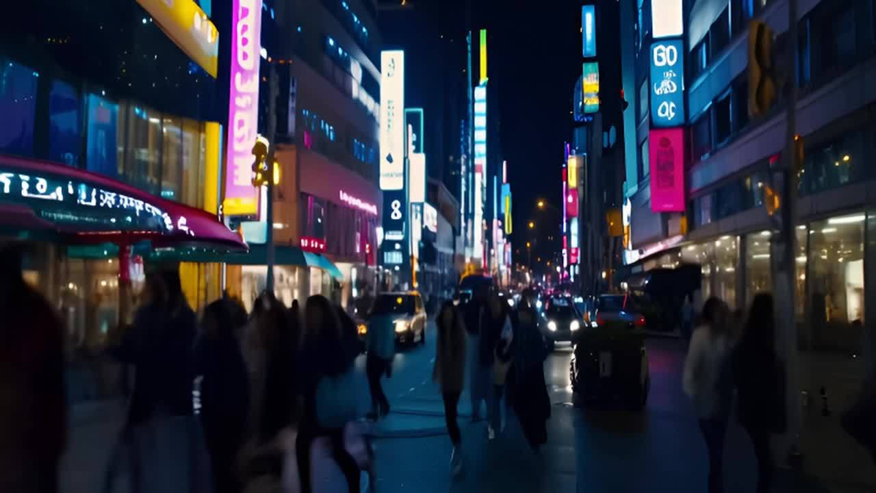 夜间城市街道，霓虹灯光照亮街道两旁，许多人行走在街