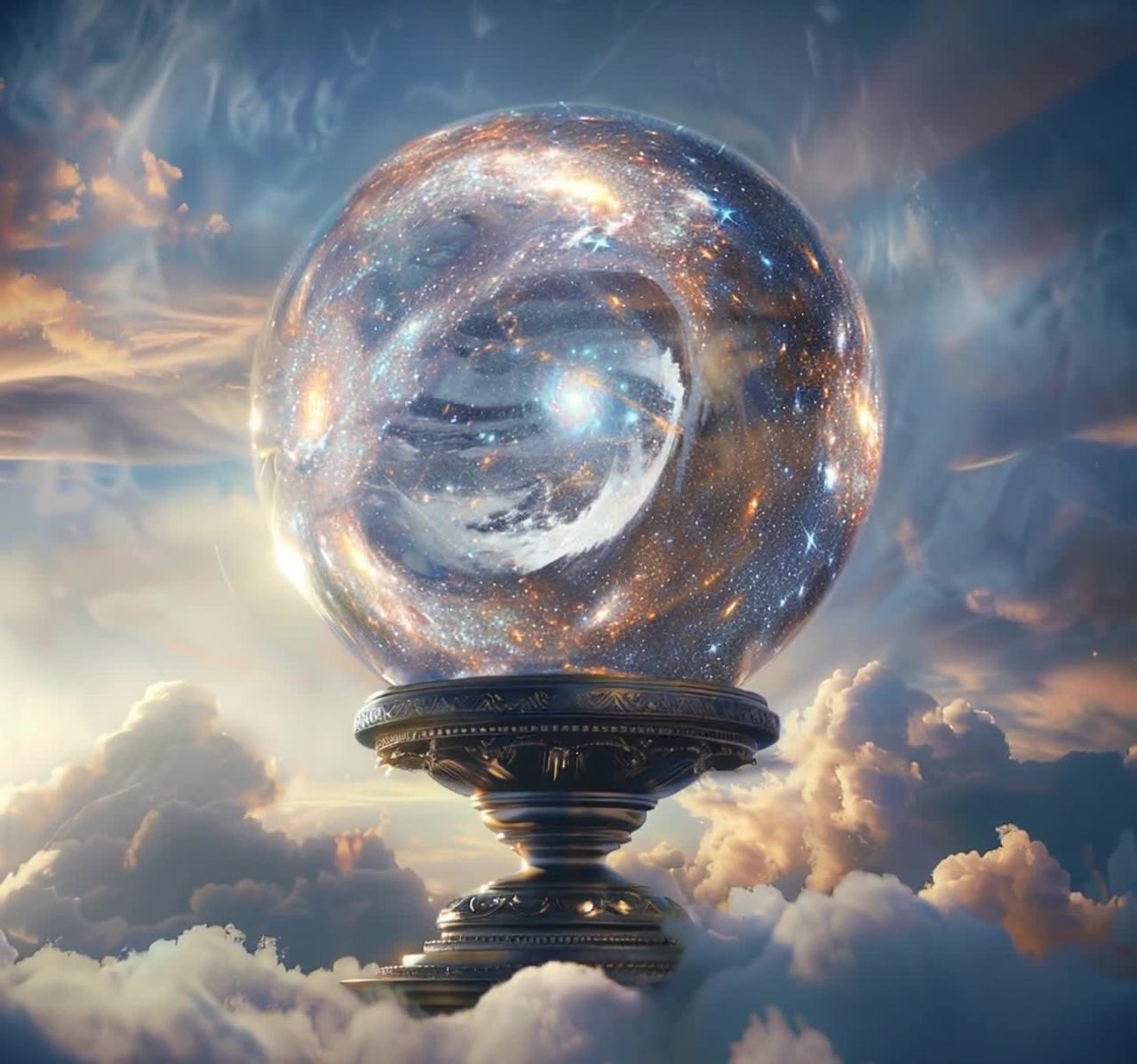 宇宙星辰 within 一个水晶球，悬浮云端