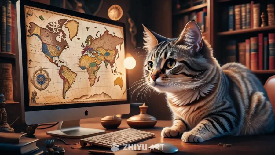 一只好奇的猫正盯着电脑屏幕，屏幕上显示着复杂的历史