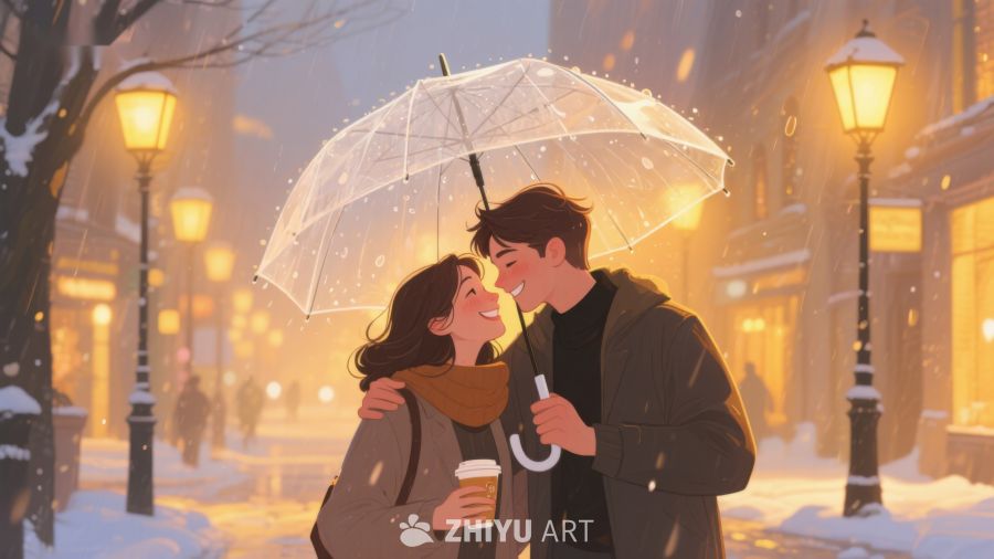 冬夜街头，伞下情侣温馨相拥 169