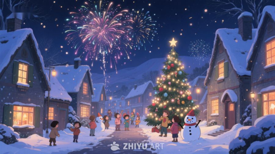 雪夜小镇的圣诞树与烟花 457