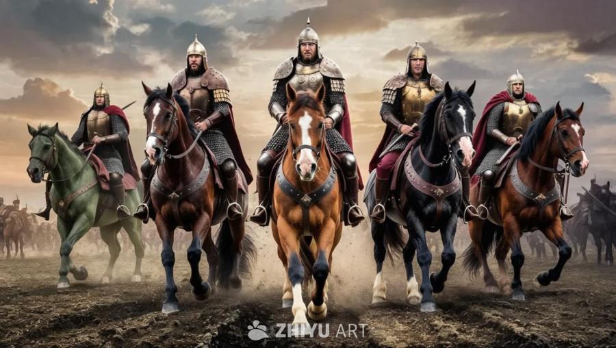一群身着盔甲的骑兵骑马前进。前排有五名骑兵，他们骑
