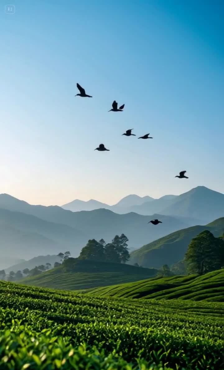 天空呈现淡蓝色，几只鸟在空中飞翔。远处，连绵的山脉