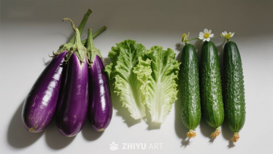 茄子生菜黄瓜静物摆拍