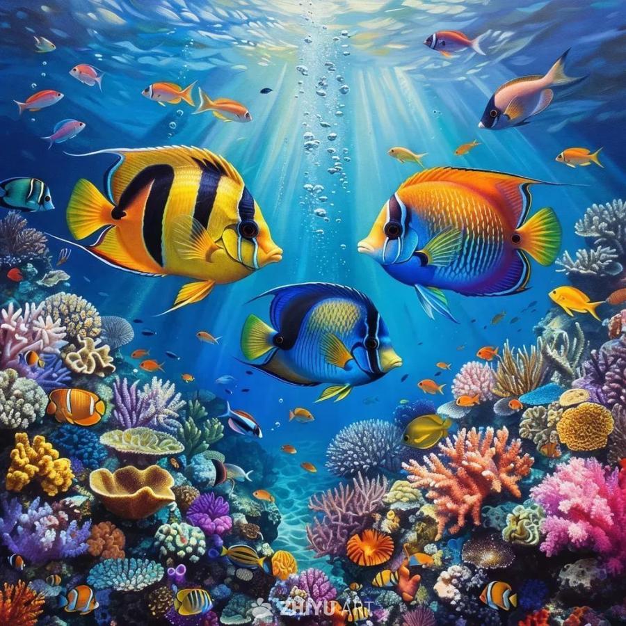 三条色彩鲜艳的鱼在海洋中游动，周围是万花筒般的珊瑚
