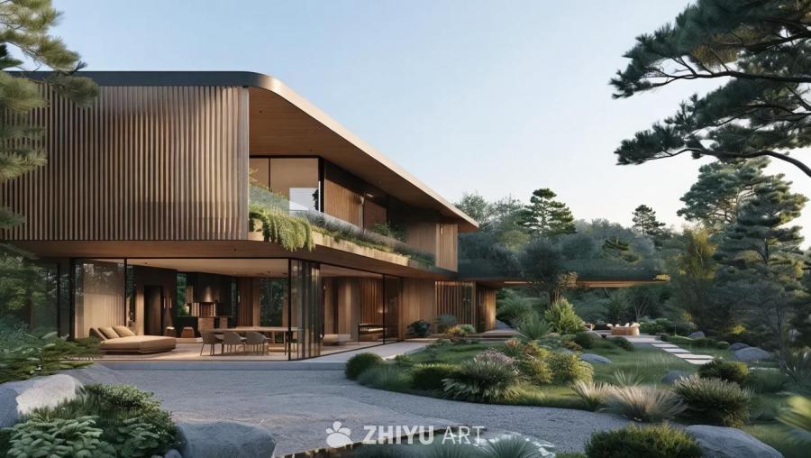 一栋两层楼的现代风格住宅，外墙采用木质材料，拥有大