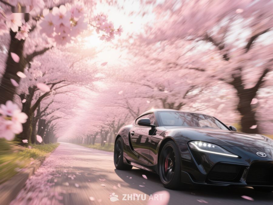 黑色跑车行驶在樱花大道 97