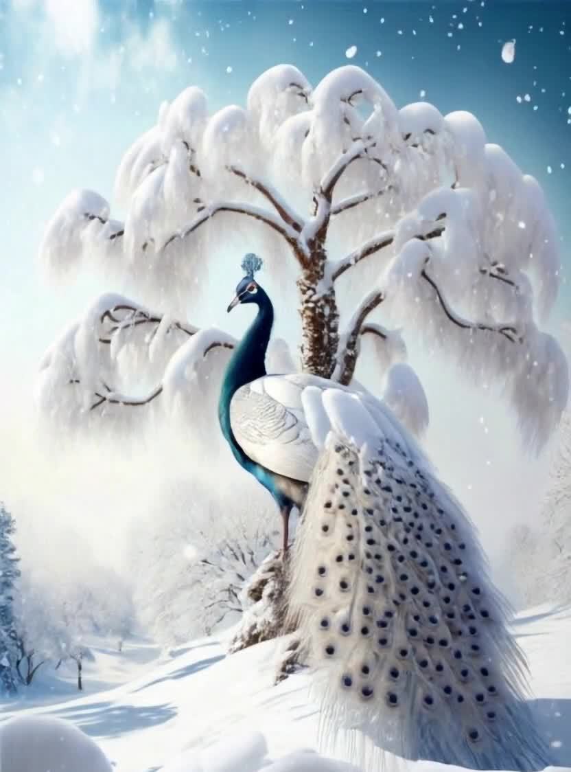 雪地白孔雀：冬日静谧之美景