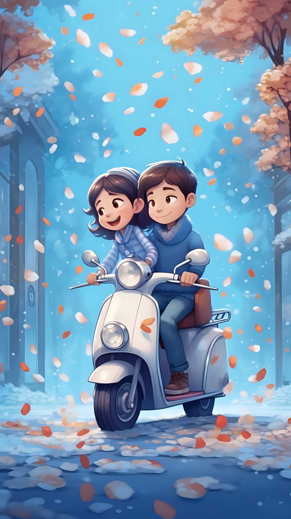 情侣在花季中骑电动车