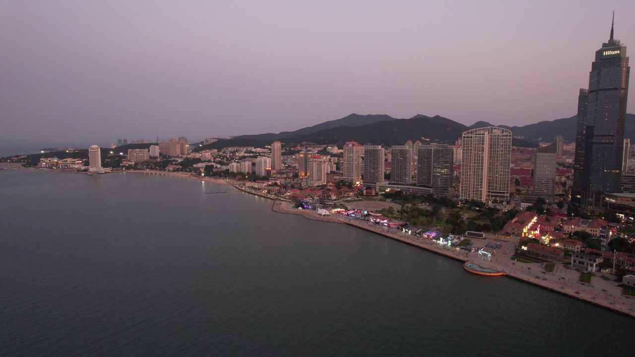 山东烟台城市晚霞航拍
