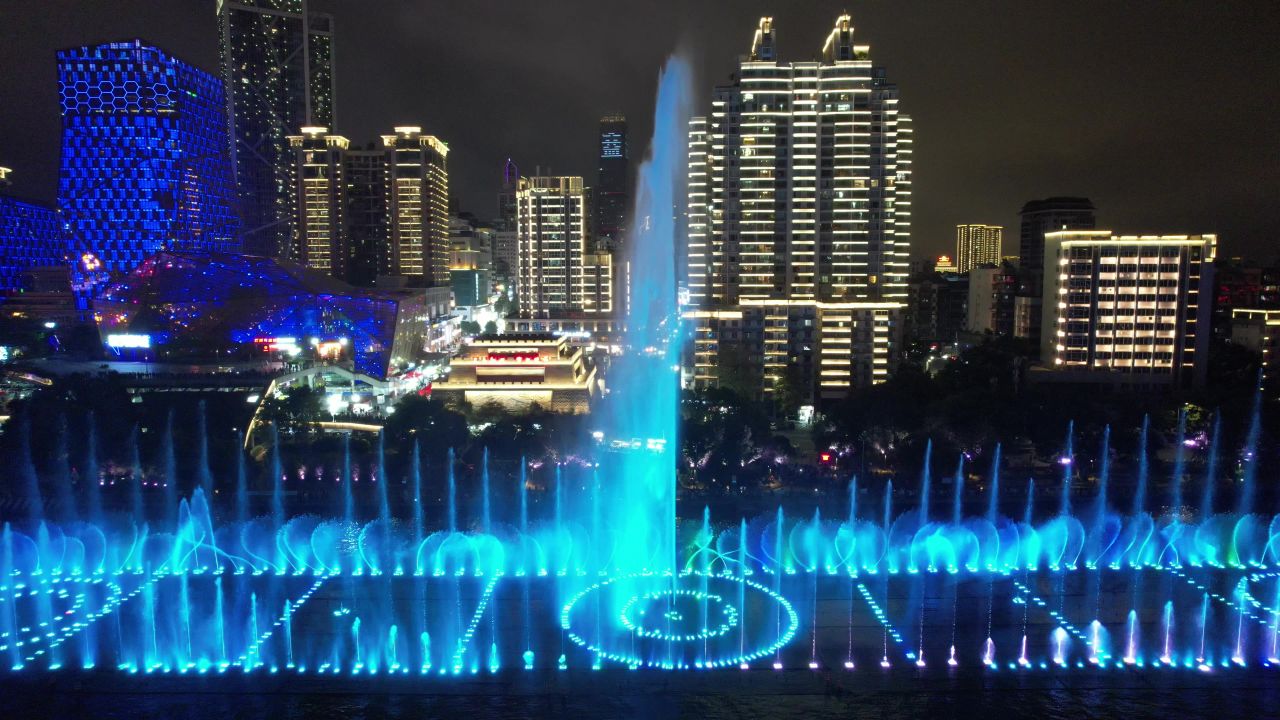  广西柳州音乐喷泉夜景航拍
