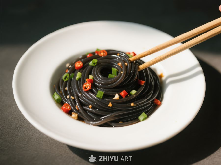 黑面条配辣椒葱花，筷子点缀 228