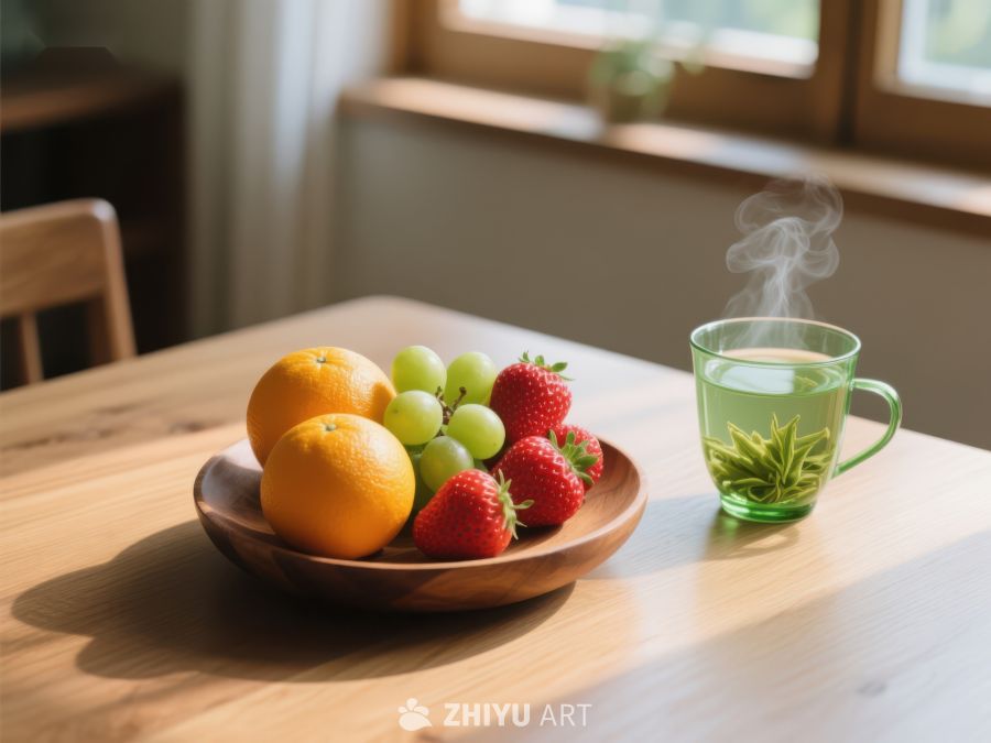 水果盘与热饮的温馨早餐 549