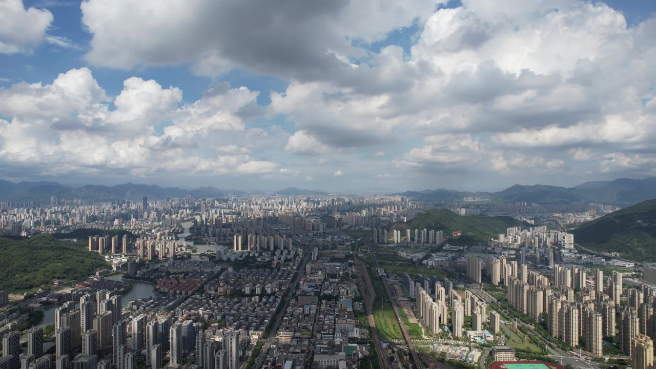 城市蓝天白云天际线高楼建筑航拍温州 