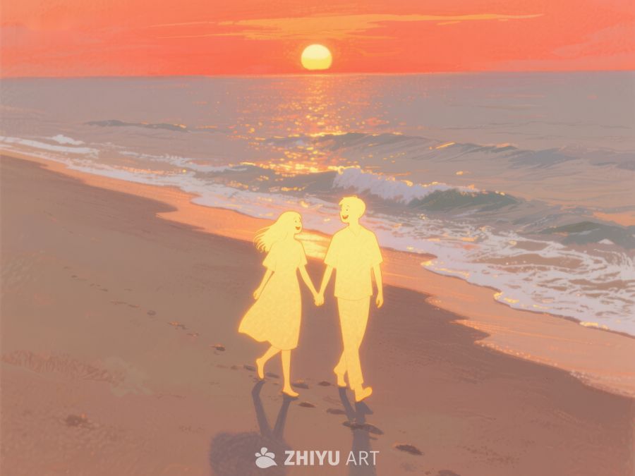 日落海滩上的牵手情侣 608