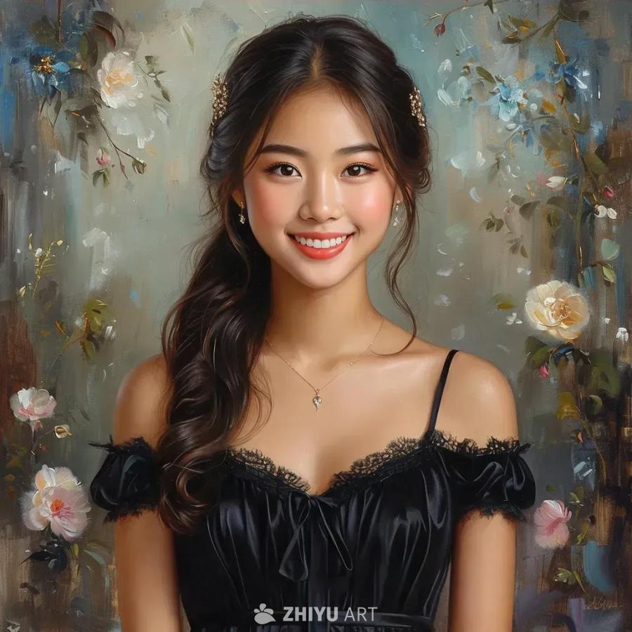 一位年轻的亚洲女性，化着浓妆，带着淡淡的微笑，全身