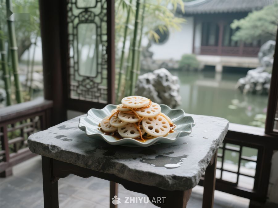 莲藕片摆盘，古典园林背景 799