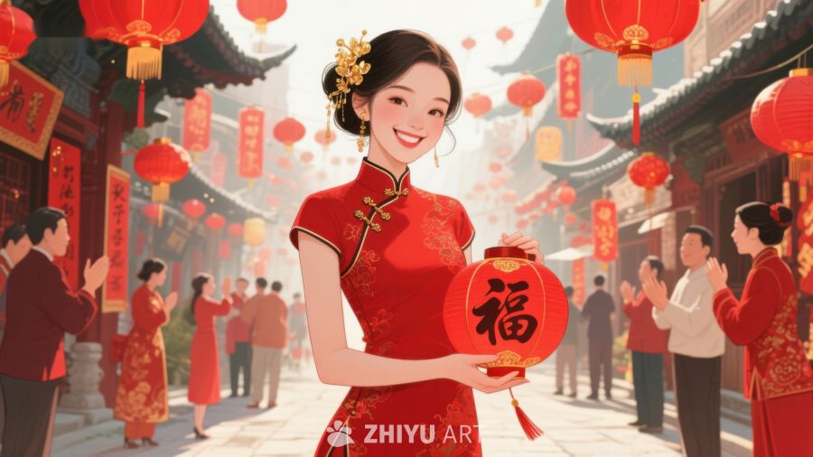 新春佳节，红衣女子手捧福字灯笼 130